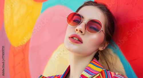 A stylish woman in sunglasses and a colorful outfit against a vibrant background. A fashion concept of a young female model posing with trendy accessories in closeup shooting,