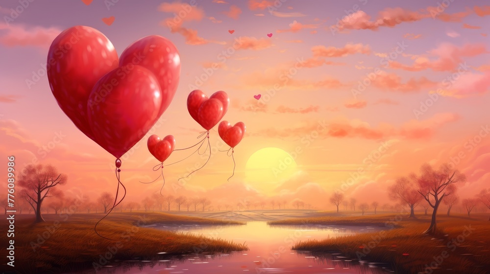 Heart Balloons Adrift in Warm Skies