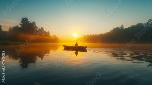 Peaceful Dawn Fishing on Misty Lake with Sun Peeking Through Trees, AI Generation