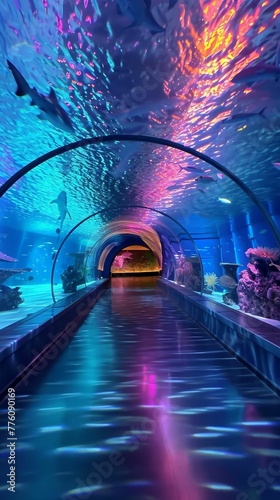 Aquarium tunnel swim, surrounded by marine life, immersive beauty