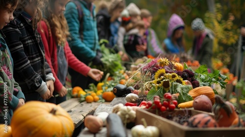 Autumn harvest festival, bounty of the earth, community gathered photo