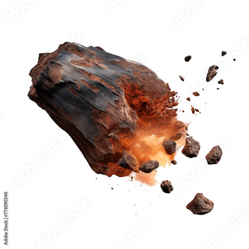Falling meteorite isolated on a white or transparent background. A meteorite with tongues of flame scatters into small pieces close-up. Graphic design element on the theme of space.