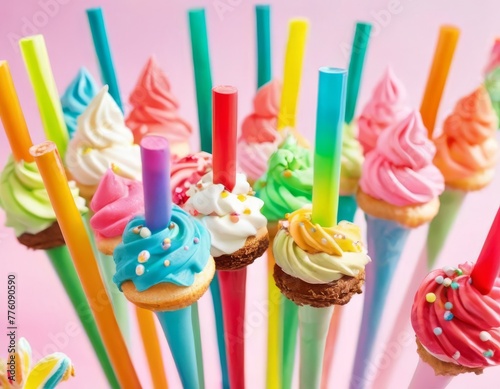 Festive cupcake pops adorned with various frostings and sprinkles, presented on colorful sticks, adding a pop of fun to any celebration