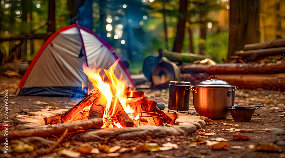 Campfire and tent in the woods. Escape to Nature This Spring. Stargazing Campout, Spring Getaways
