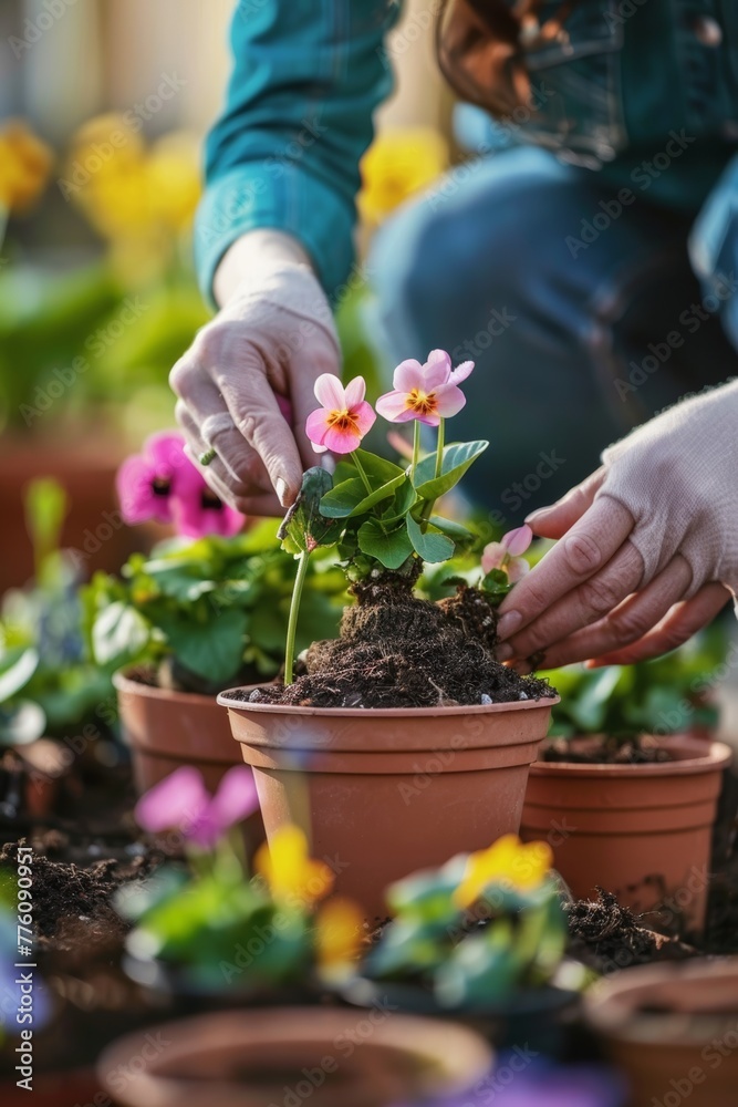 Blossoming Spring Dreams, A Woman Tenderly Repotting Vibrant Flowers in Her Home Garden