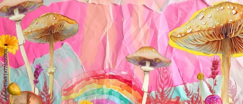 The word 'let's take a trip' is hand drawn abstract graphic modern illustration with mushroom style mushrooms, rainbow, and lips on a 70 s groovy background.