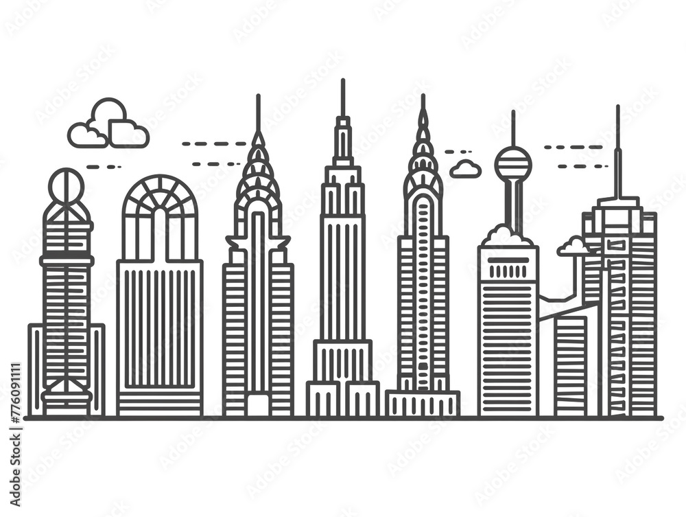 A line drawing of skyscrapers and buildings in a cityscape. The buildings are tall and vary in height