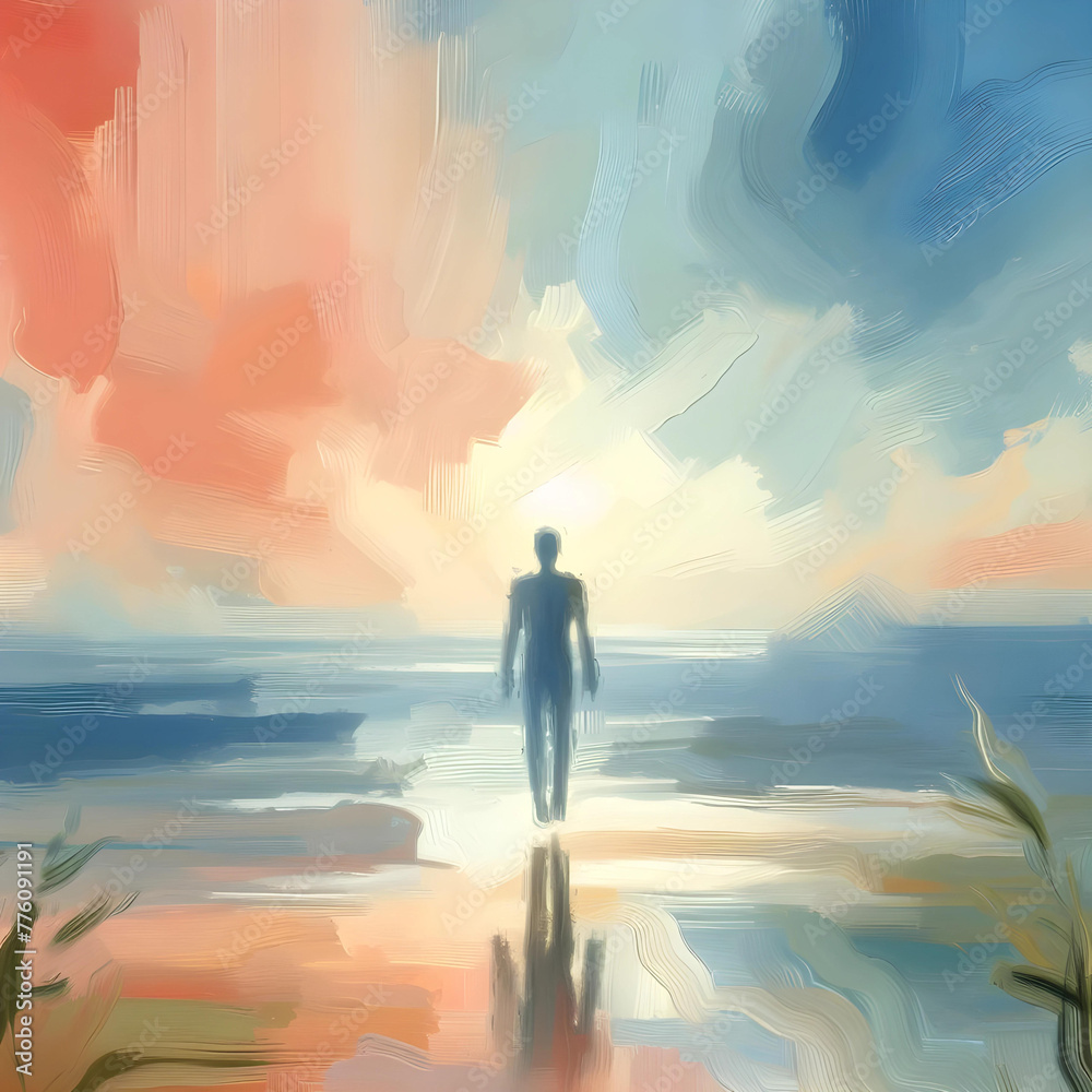 Oil Painting of silhouette of a person on the background, showing the determination