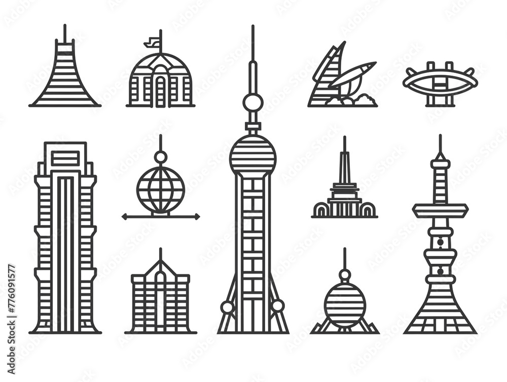 Fototapeta premium A line drawing of skyscrapers and buildings in a cityscape. The buildings are tall and vary in height