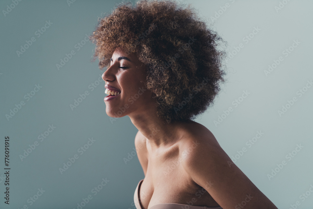 Profile side photo no retouch of laughing girl wear bra brassiere enjoy comfort mammography checkup Profile side photo no retouch of laughing girl wear bra brassiere enjoy comfort mammography checkup