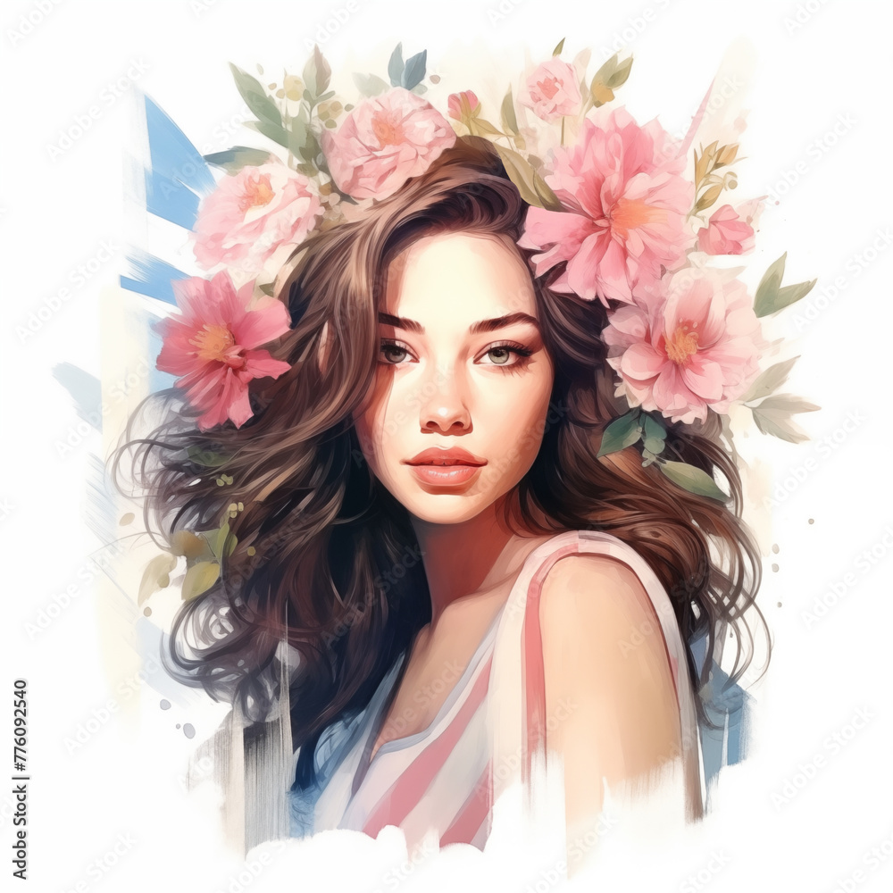 Naklejka premium Portrait of a beautiful young dark-haired woman with a floral wreath on her head. Pink peonies. Fashion illustration. Pretty woman with flowers. Looking straight ahead. White background.