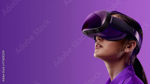 a woman in a VR headset, looking around in wonder, purple background , Generative AI	
