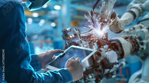 Industrial engineer manager using tablet control automation robot arms machine in intelligent on monitoring. Welding robotics and digital manufacturing operation , Generative AI	
