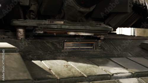 Close-up of a tank. driver's mech window. active tank armor. combat vehicle. use of tanks in war. war in ukraine.
