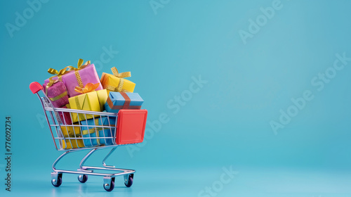 Shopping cart full of colorful gift boxes on blue background , Generative AI	