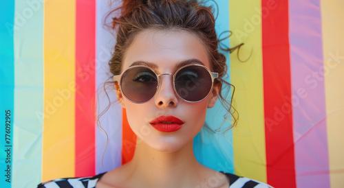 A stylish woman in sunglasses and a colorful outfit against a vibrant background. A fashion concept of a young female model posing with trendy accessories in closeup shooting,