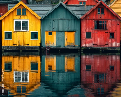 the colorful and historic boathouses along the Nidelva River in Trondheim, Norway, vibrant reflections, peaceful and charming