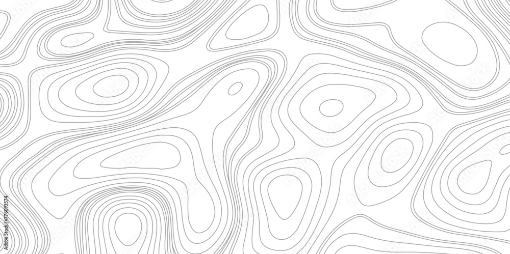Gray topographic line contour map background, geographic grid map. Seamless vector topographic map background white on dark. Line topography map seamless pattern. Mountain hiking trail over terrain.