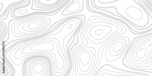 Gray topographic line contour map background, geographic grid map. Seamless vector topographic map background white on dark. Line topography map seamless pattern. Mountain hiking trail over terrain.