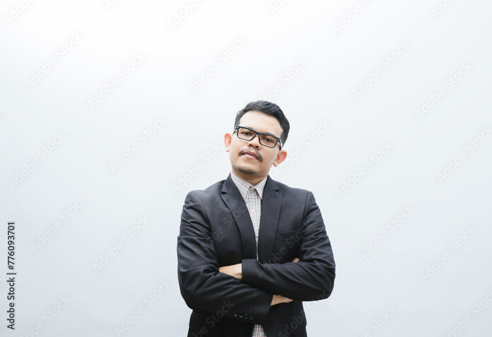 Waist-up portrait of thoughtful, creative and smart asian young man in black suit, office manager, businessman planning project, thinking looking up pondering ideas, white background Waist-up portrait of thoughtful, creative and smart asian young man in black suit, office manager, businessman planning project, thinking looking up pondering ideas, white background