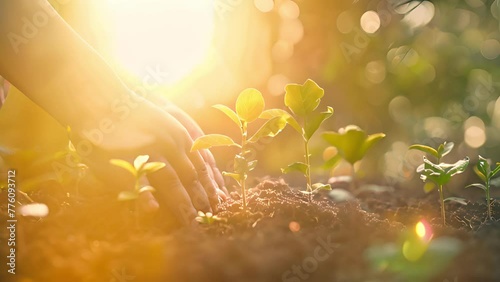 Close up of kids hands putting in mother's hands little green sprout with soil. African woman teaching child for taking care about nature and planet. Generation and new life concept. Protecting  photo