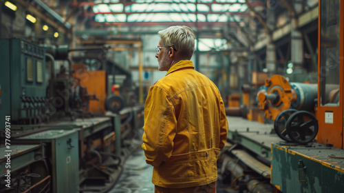 Elderly worker with silver hair in safety glasses surveys industrial machines in a factory.