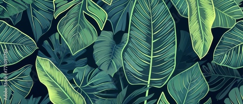 Decorative botanical jungle background with leaves  branches  banana leaves  plants. Modern illustration of tropical jungle for banners  prints  decorations  fabrics and more.