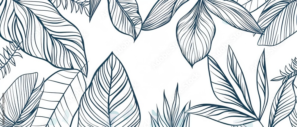 The abstract foliage pattern is a hand drawn pattern in the form of tropical leaves, leaf branches, and plants. The pattern is intended for banners, prints, decorations, and fabrics. - obrazy, fototapety, plakaty 
