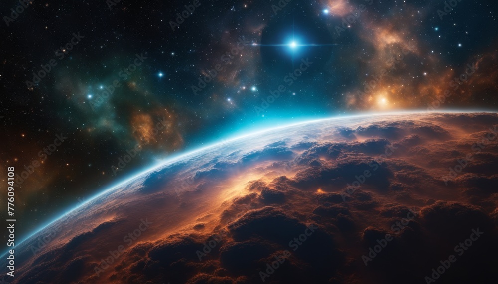 Digital art of a breathtaking sunrise over a distant, craggy planet, casting a soft glow across the cosmos and highlighting the curvature of the celestial body