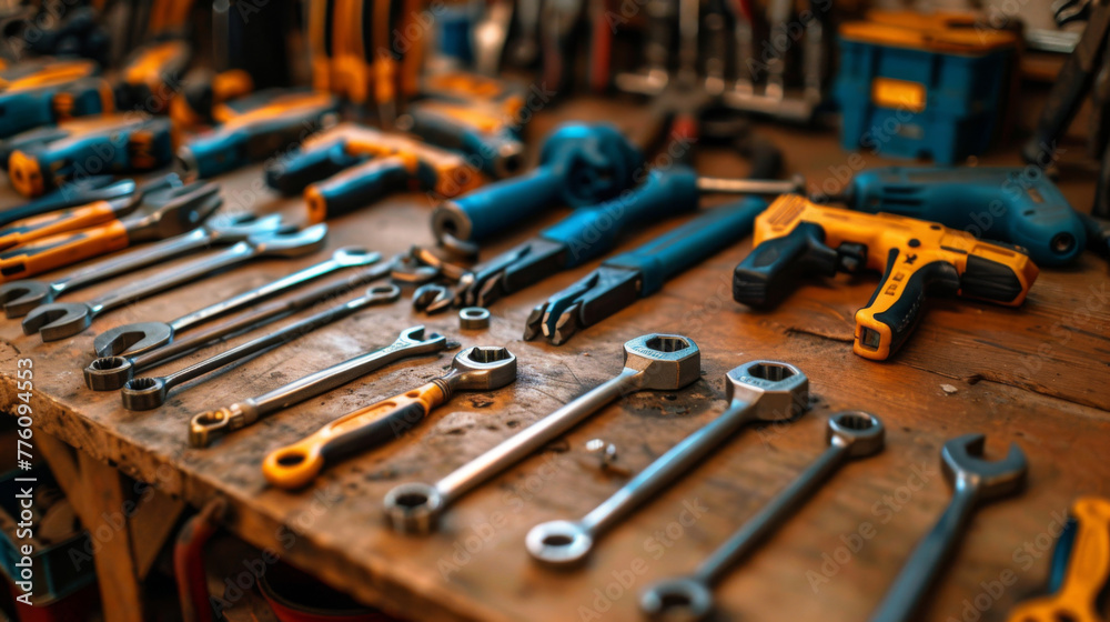 Fototapeta premium Various wrenches and hand tools spread on a well-used carpentry workshop table.