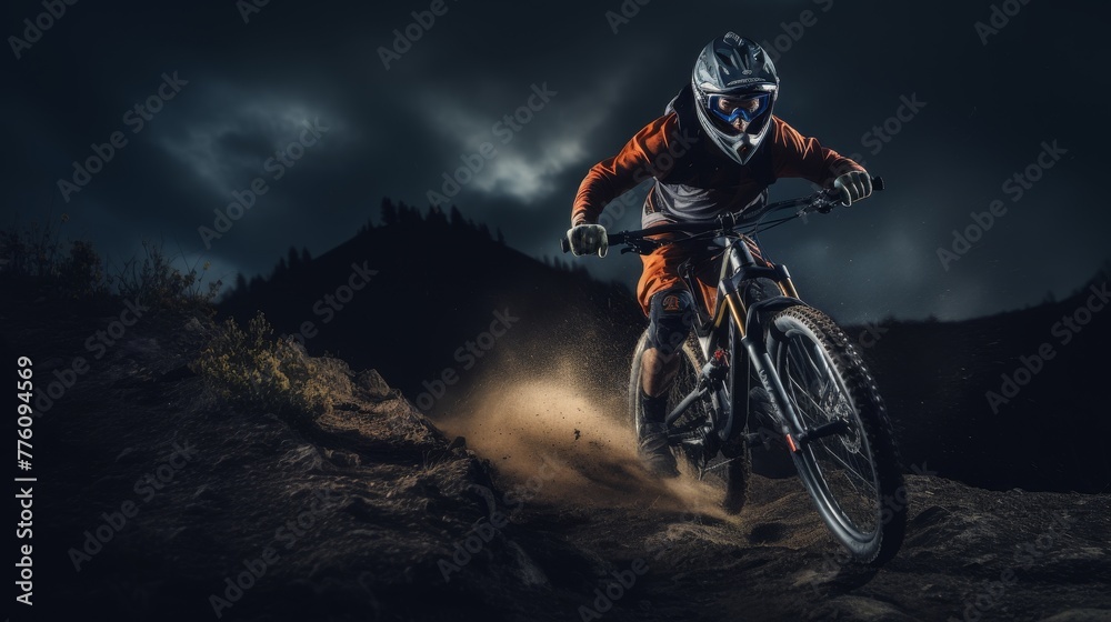 Naklejka premium Mountain Biker riding down a tricky trail