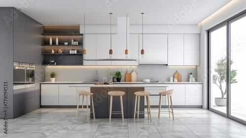 modern kitchen with grey cabinets and white walls, interior design, simple pattern wall tiles in the back ground © paisorn