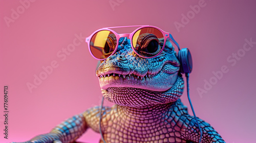 cute funny crocodile wearing cool sunglasses and headset, crocodile listening to music, on pink background, summer vibes