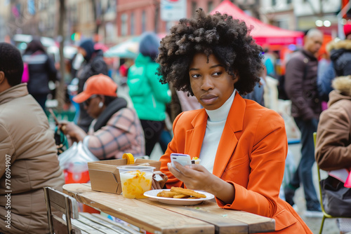 black woman with an afro sitting at the table eating food from her street vendor box, she is wearing orange blazer and white turtleneck sweater in New York City. Street market with other people around