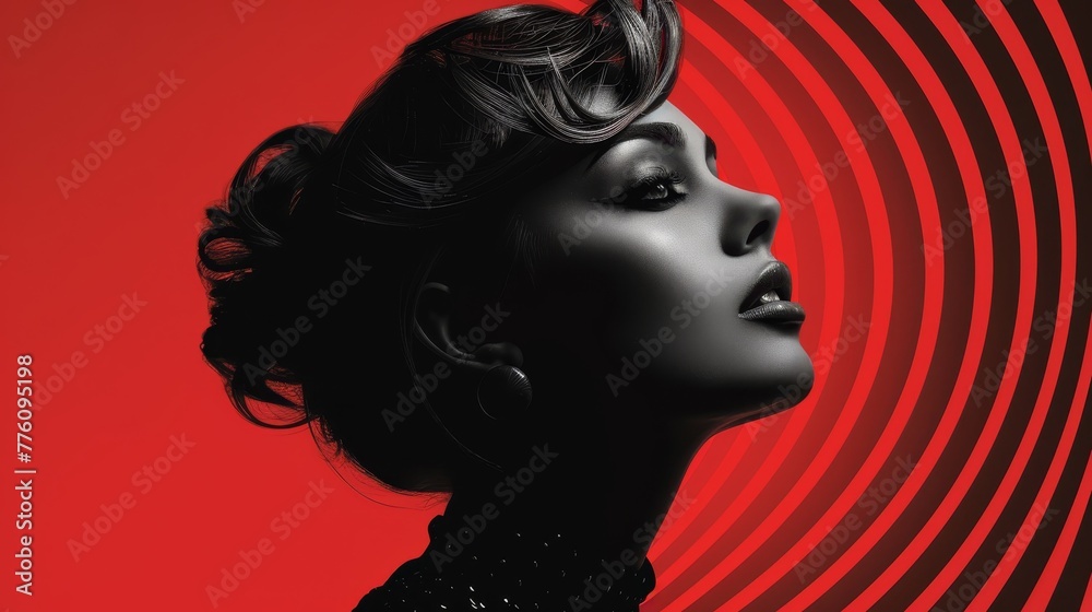 A woman with a black hat and red background. The woman is looking at the camera A woman with a black hat and red background. The woman is looking at the camera