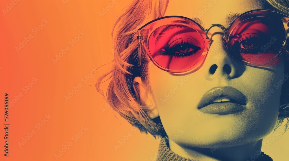 A woman wearing red sunglasses is the main focus of the image. The sunglasses are positioned above her nose and are the dominant feature of the photo. The woman's face is the central point of interest