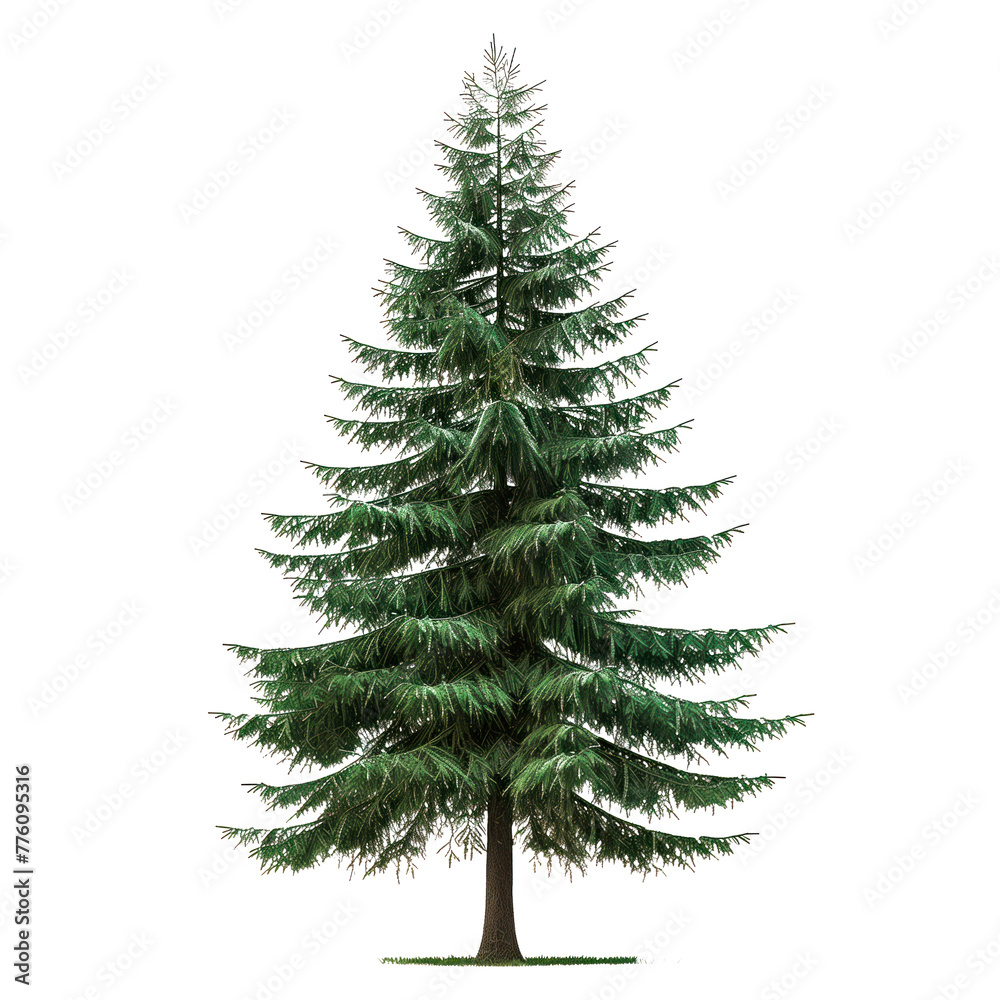 Spruce isolated on a white or transparent background. Spruce tree with green leaves close-up, front view. Graphic design element on the theme of nature and caring for trees.