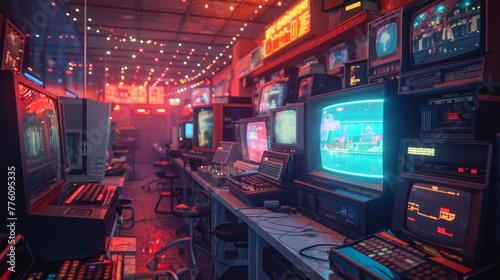 A room with many computer monitors and a neon sign that says "SUNNY". The room is brightly lit and has a futuristic feel to it