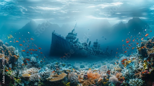 A shipwreck is in the middle of a coral reef with a large number of fish swimming around it © Sodapeaw