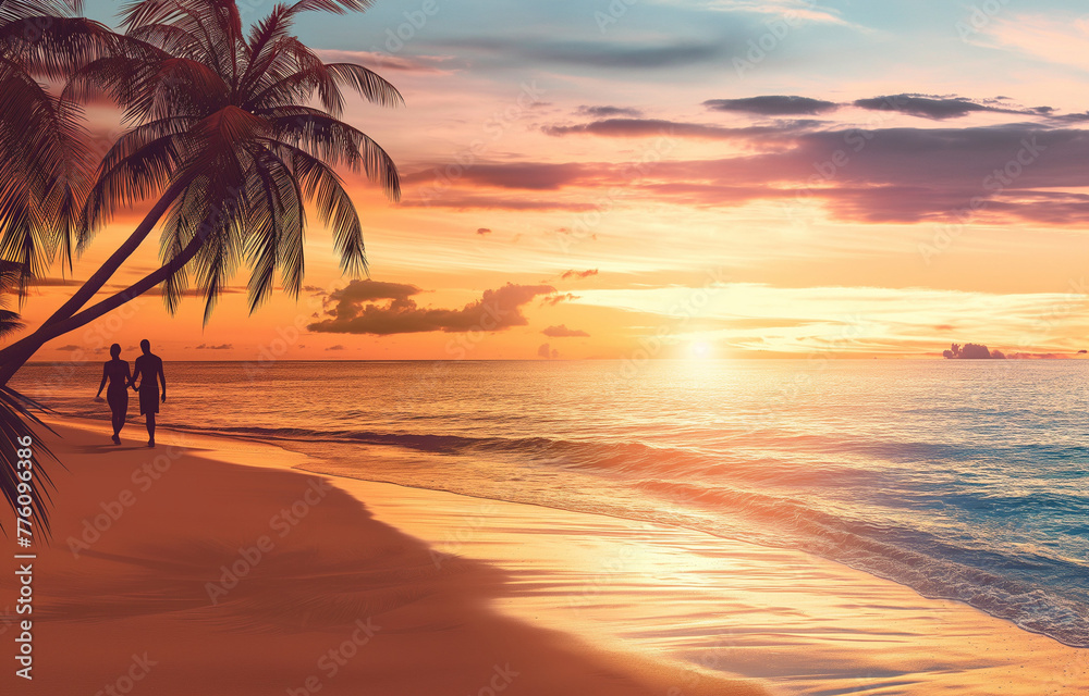 [Generative AI]Golden Sunset: Beautiful views of palm trees and beaches