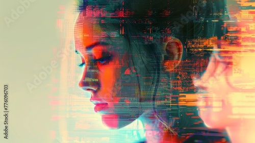 A woman's face is blurred and distorted, with a cityscape in the background. The image is abstract and surreal, with a sense of chaos and confusion