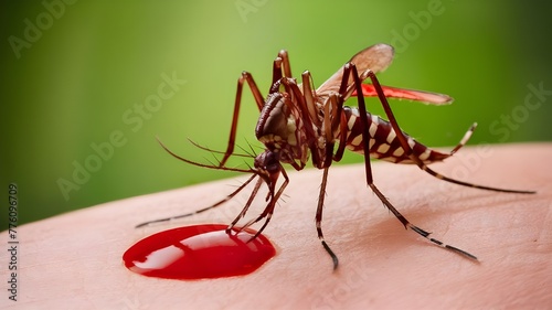Mosquito drinks human blood on green background
