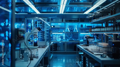 A nanotechnology research facility with atomscale manufacturing tools, molecular assembly stations, and microscopic imaging screens , sci-fi tone, technology