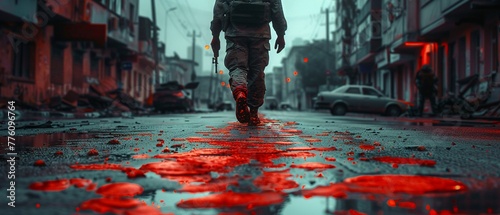 hyper realistic of a soldier’s journey on a city street, with each footprint marked in vivid red paint, conveying a strong and impactful statement. © HADAPI