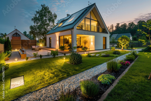 Beautiful garden with modern house, illuminated by lights at night time © Kien