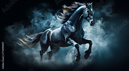 Black horse galloping in white mysterious smoke or fog on black background