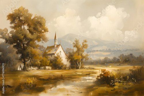 Vintage Church Painting - beautiful Landscape and neutral colors