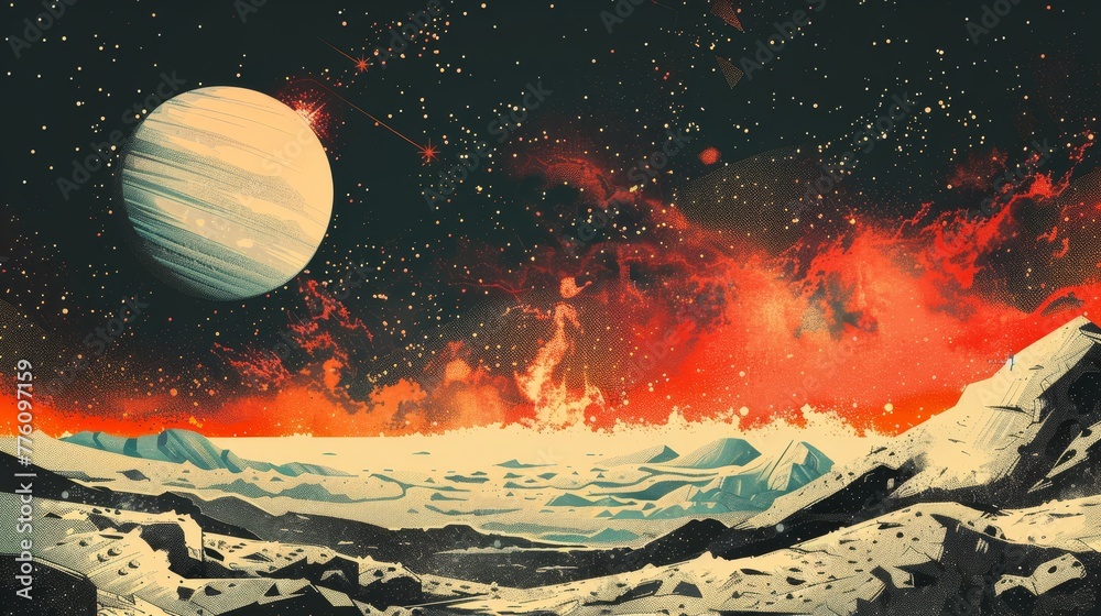 A painting of a planet with a large red planet in the background. The planet is surrounded by a lot of stars and the sky is filled with them. The painting has a very dark and moody atmosphere