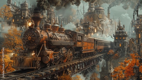 A train is traveling through a city with a lot of smoke and fog. The train is old and has a lot of steam coming out of it
