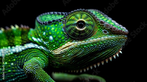 Closeup of a vibrant green chameleon, capturing its majestic stance and detailed textures, a masterpiece of evolution © Samita